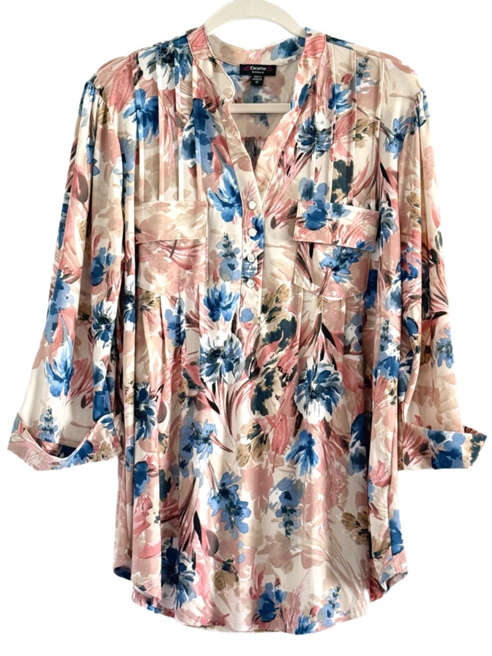 🌼 Cocomo Blue, Pink & Cream Floral Tunic Blouse 1X